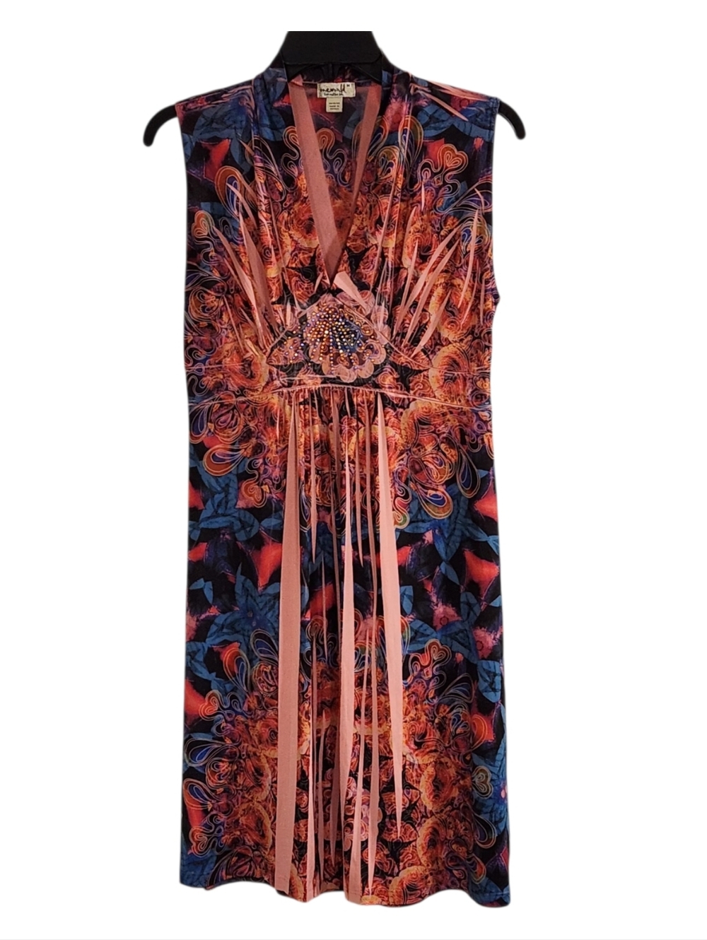 One World Womens Sz M Y2K Midi Dress Colorful  Rhinestone Sleeveless *Flaw